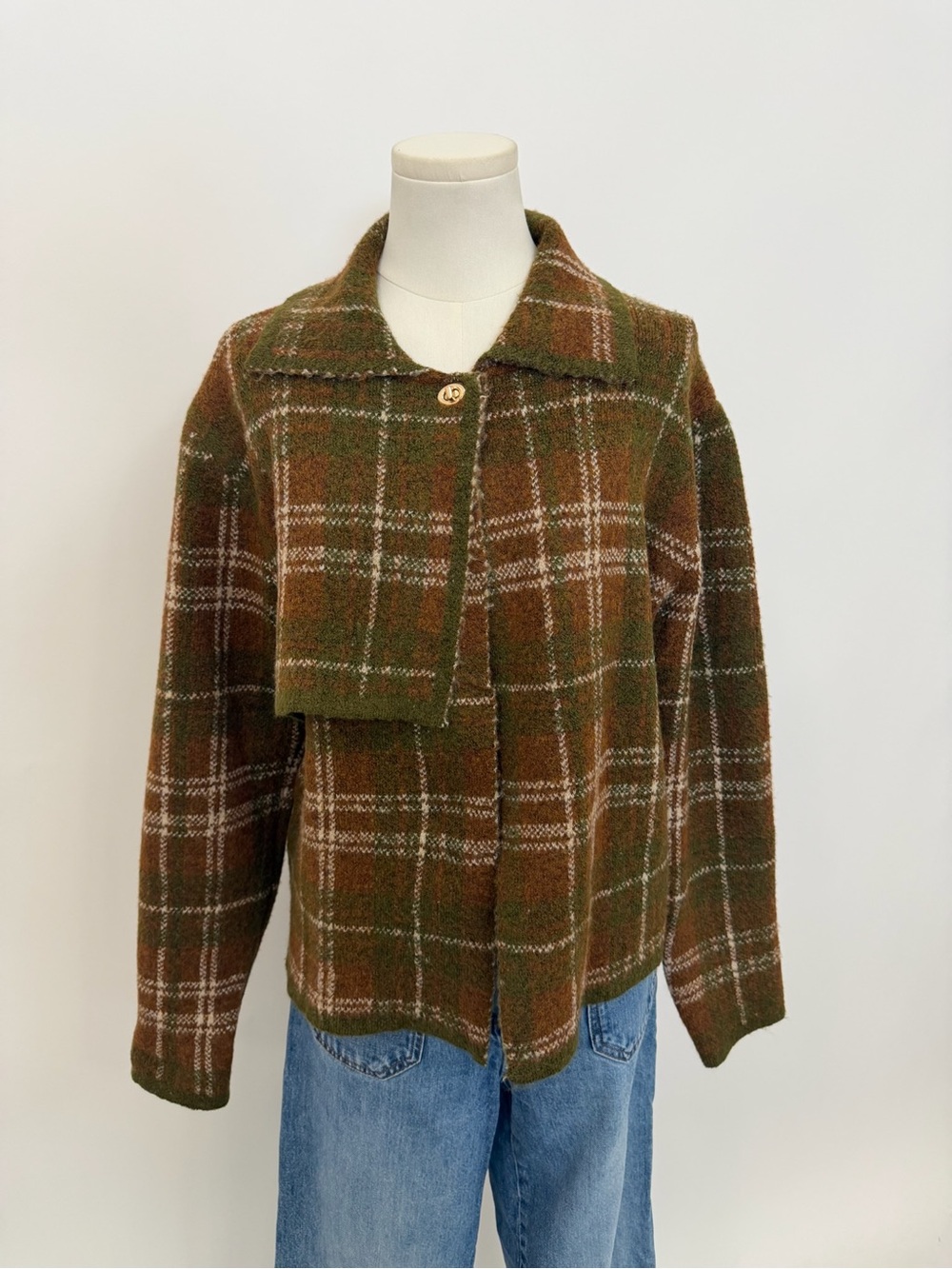 NWT Zara Green and Brown Plaid Cardigan